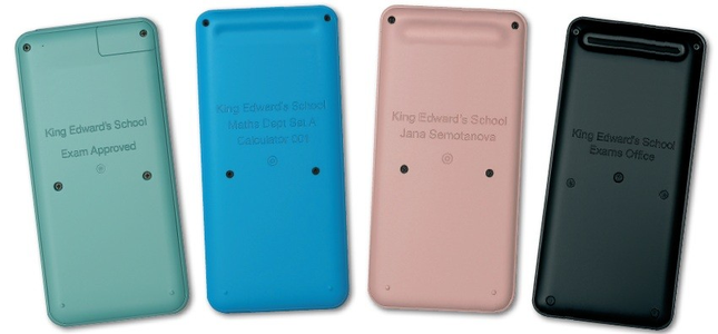 4 lines of text engraved on calculator back